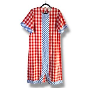 STS Sail to Sable Womens Sz Medium Red Gingham Maxi Dress Blue Trim Patriotic